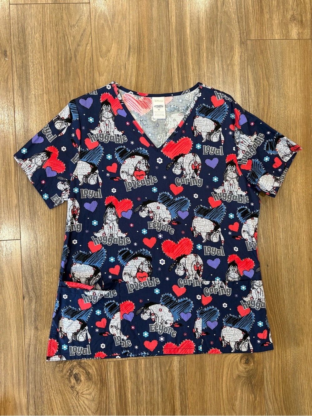 Disney Navy Eeyore Heart Print V-Neck TopScrub Top